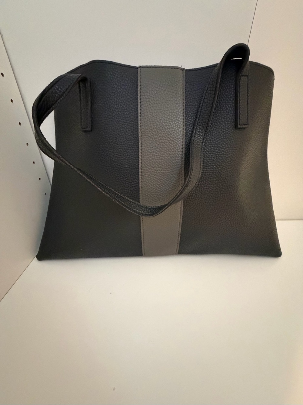 Vince Camuto Luck Tote Black Gray Stripe Large Pebbled Vegan Leather Bag